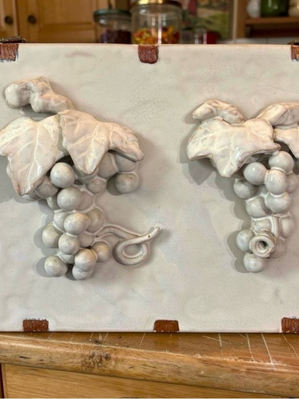 Vintage Ceramic Bunch of Grapes Sculpture on tile wall hanging